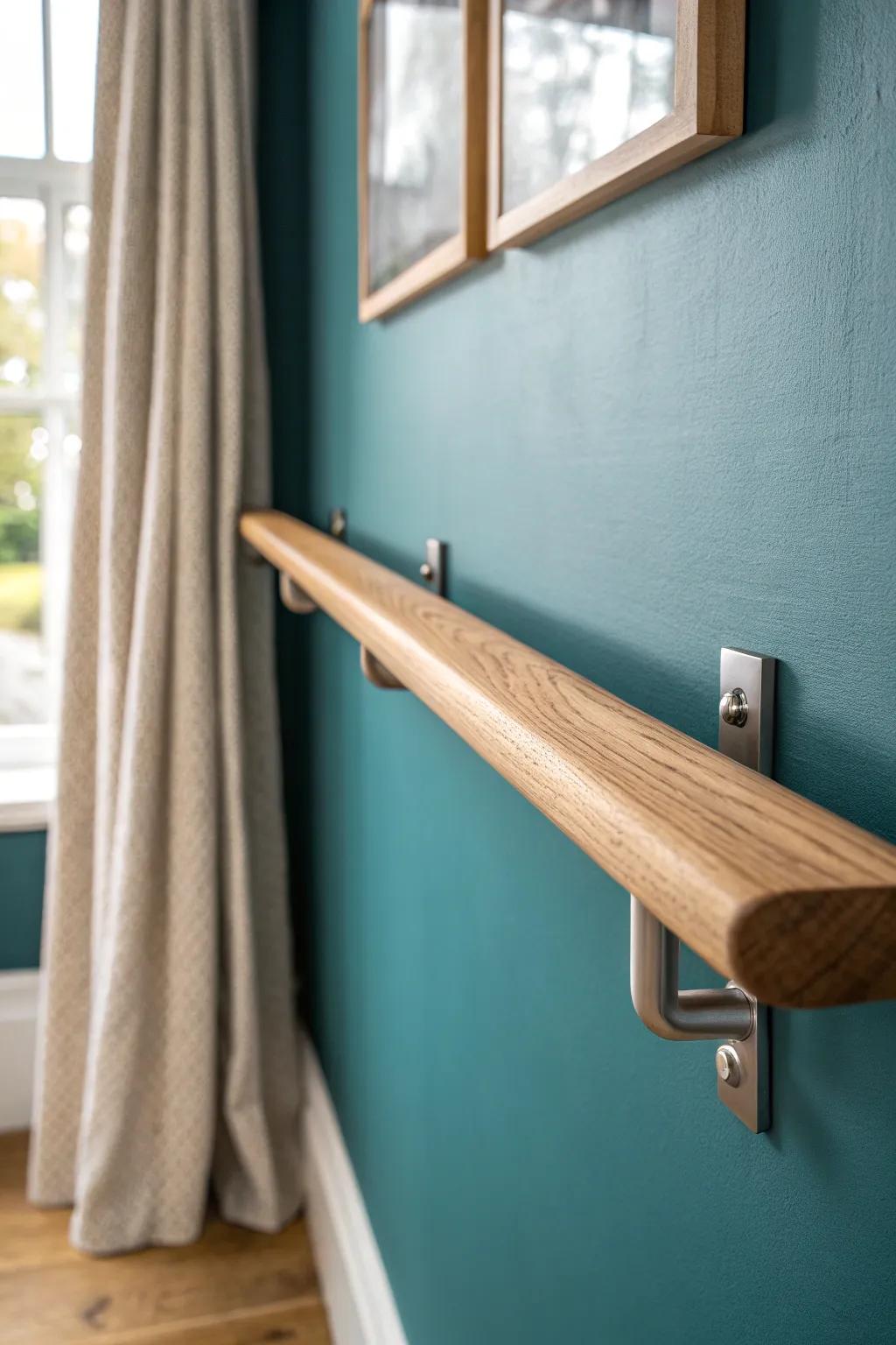 Handcrafted oak standing rail—space for espresso, elbows, and a laptop in a busy café.