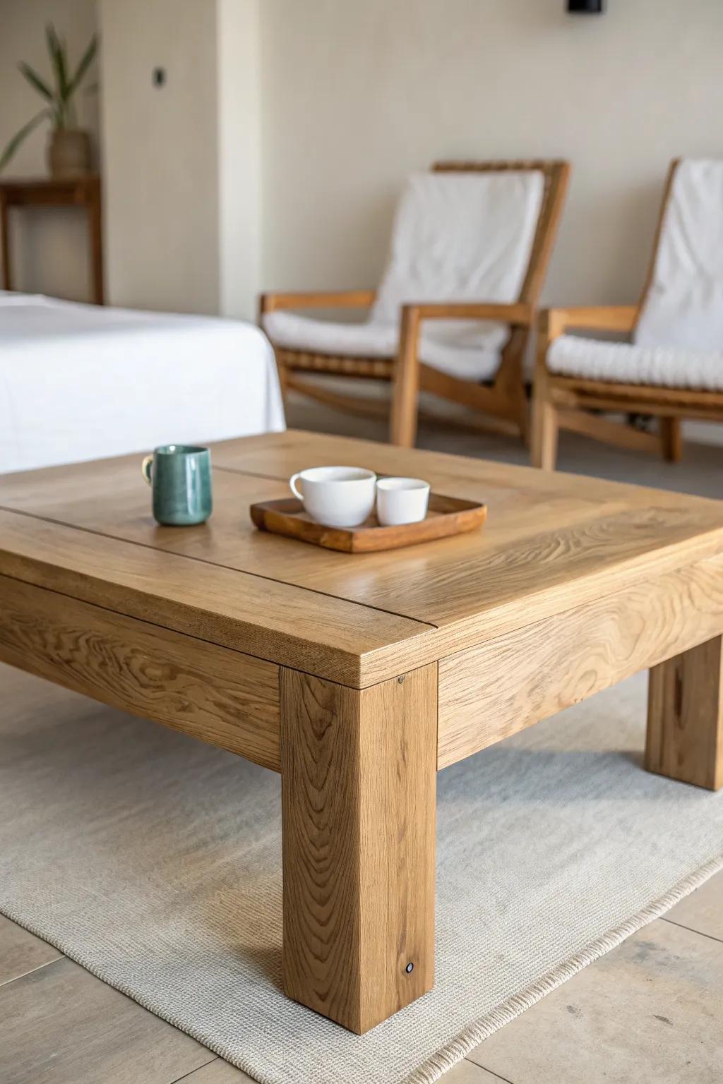 Square, chunky wood coffee table—perfect symmetry for a bedroom that feels intentionally designed.
