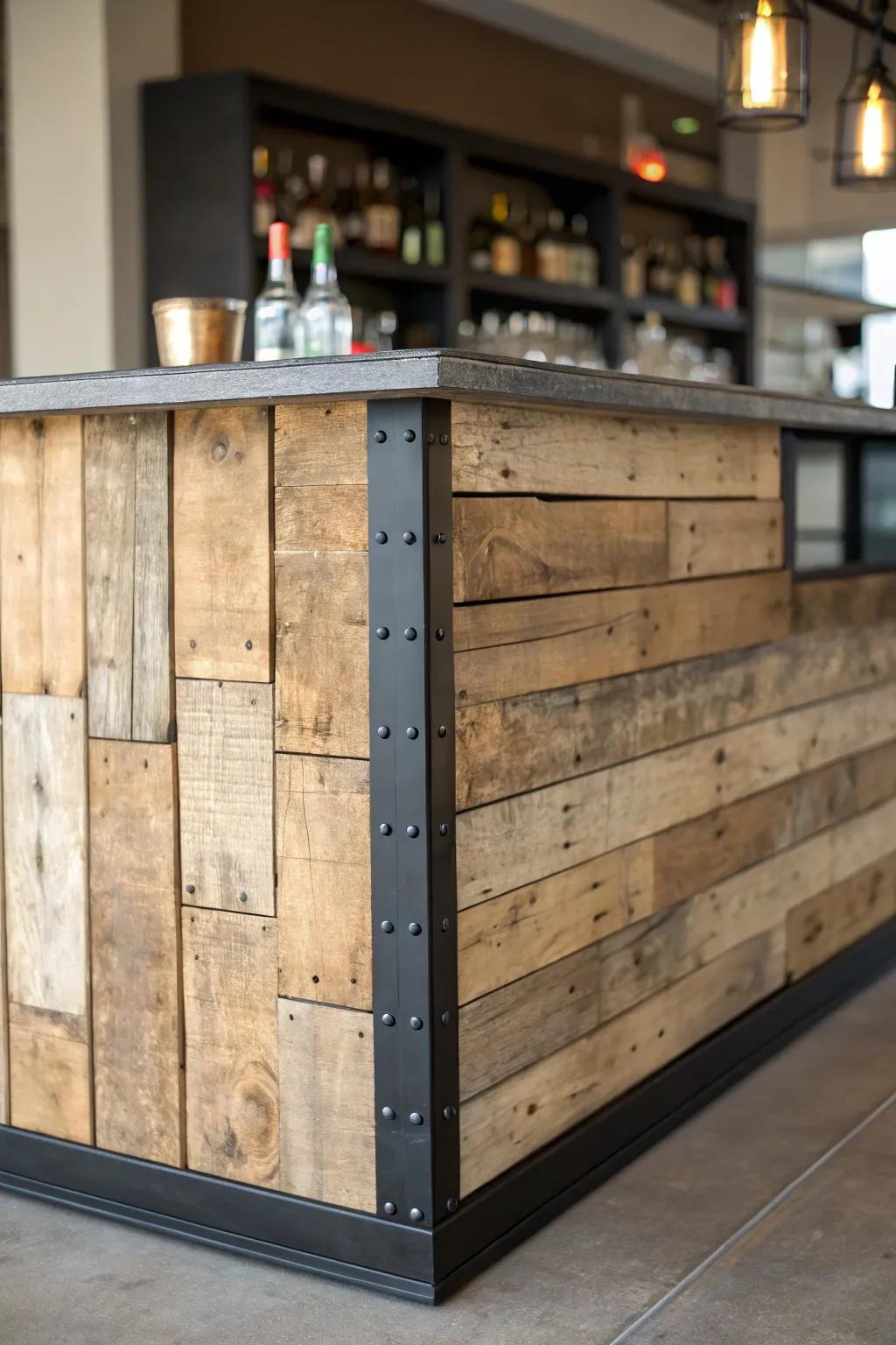 Rustic reclaimed-wood back panel—warm texture, matte finish, and high-contrast bar style.