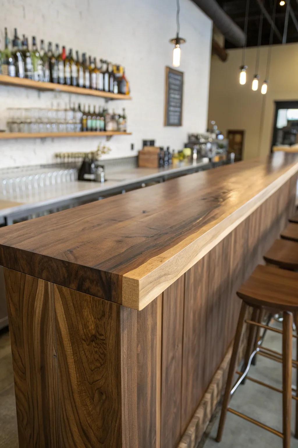 Crisp waterfall-edge bar top with seamless grain-matched walnut for a modern, architectural look.