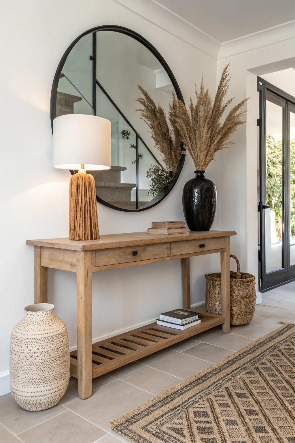 One lamp, one tall vase—an easy, relaxed balance under a round mirror.