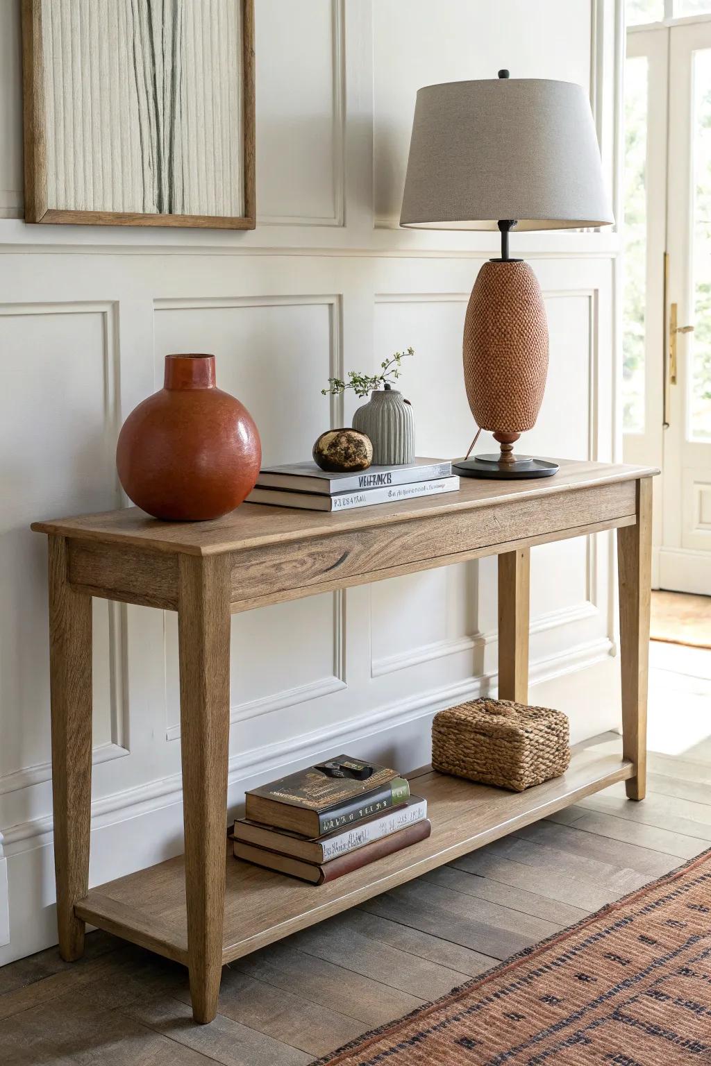 Mix round, tall, and low accents for a console table vignette that feels instantly intentional.