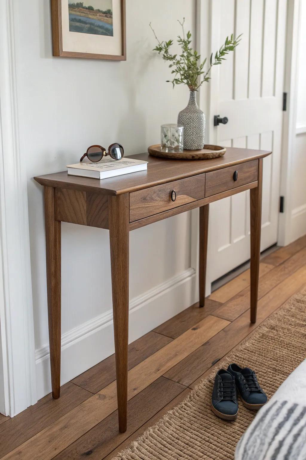 A slim walnut console by the bedroom door creates a chic drop zone for keys and sunglasses.