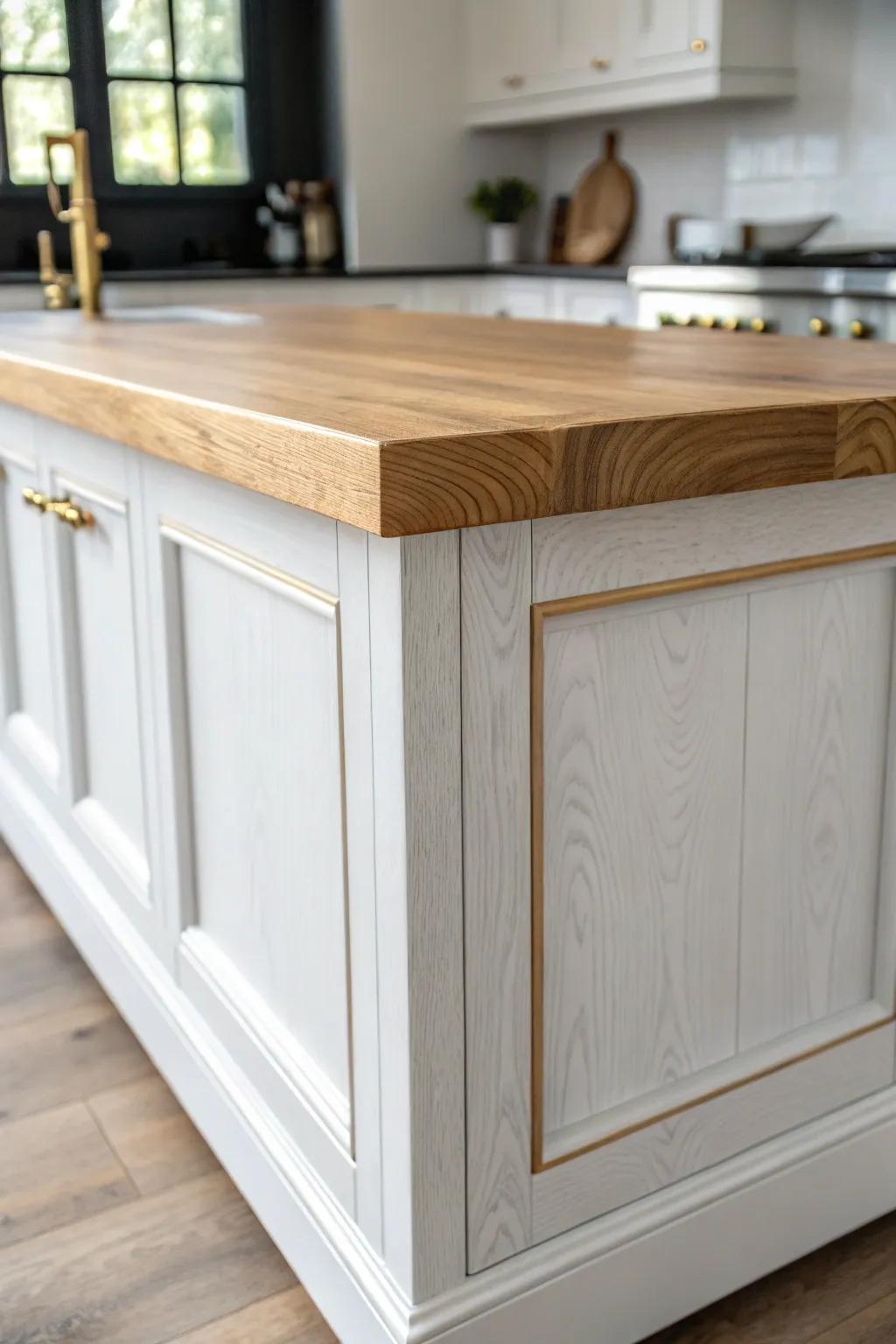 A bright white island shines against dark cabinets—clean, bold contrast with warm wood.