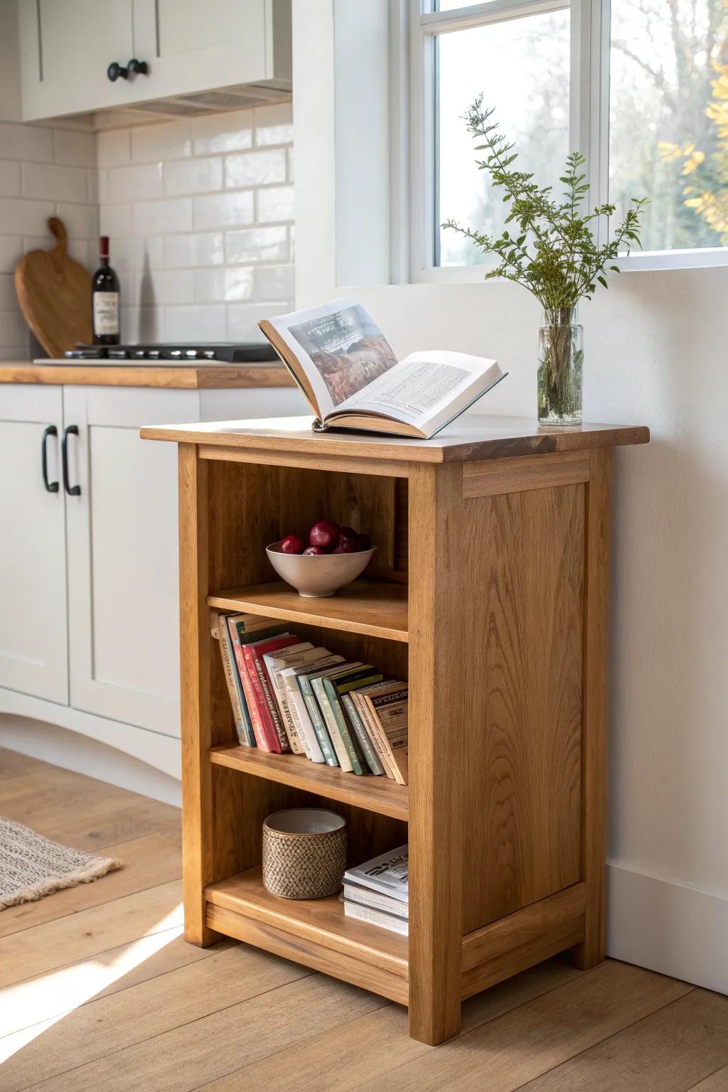 Counter-height oak cookbook bookcase with a butcher-block top—storage plus a handy landing spot.