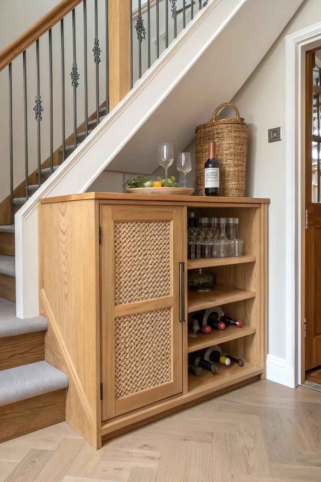 A custom under-stairs corner bar cabinet—angled oak shelves and a bold terracotta pop.
