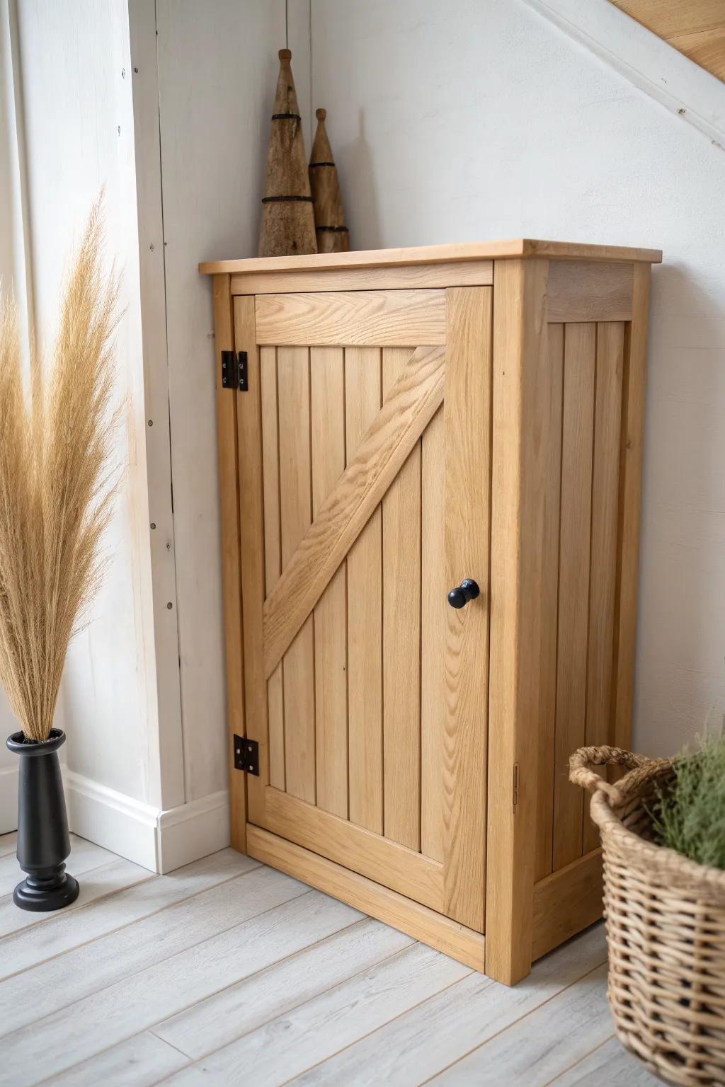 Beadboard corner cabinet door with matte black latch—cozy farmhouse charm, clean Nordic style.