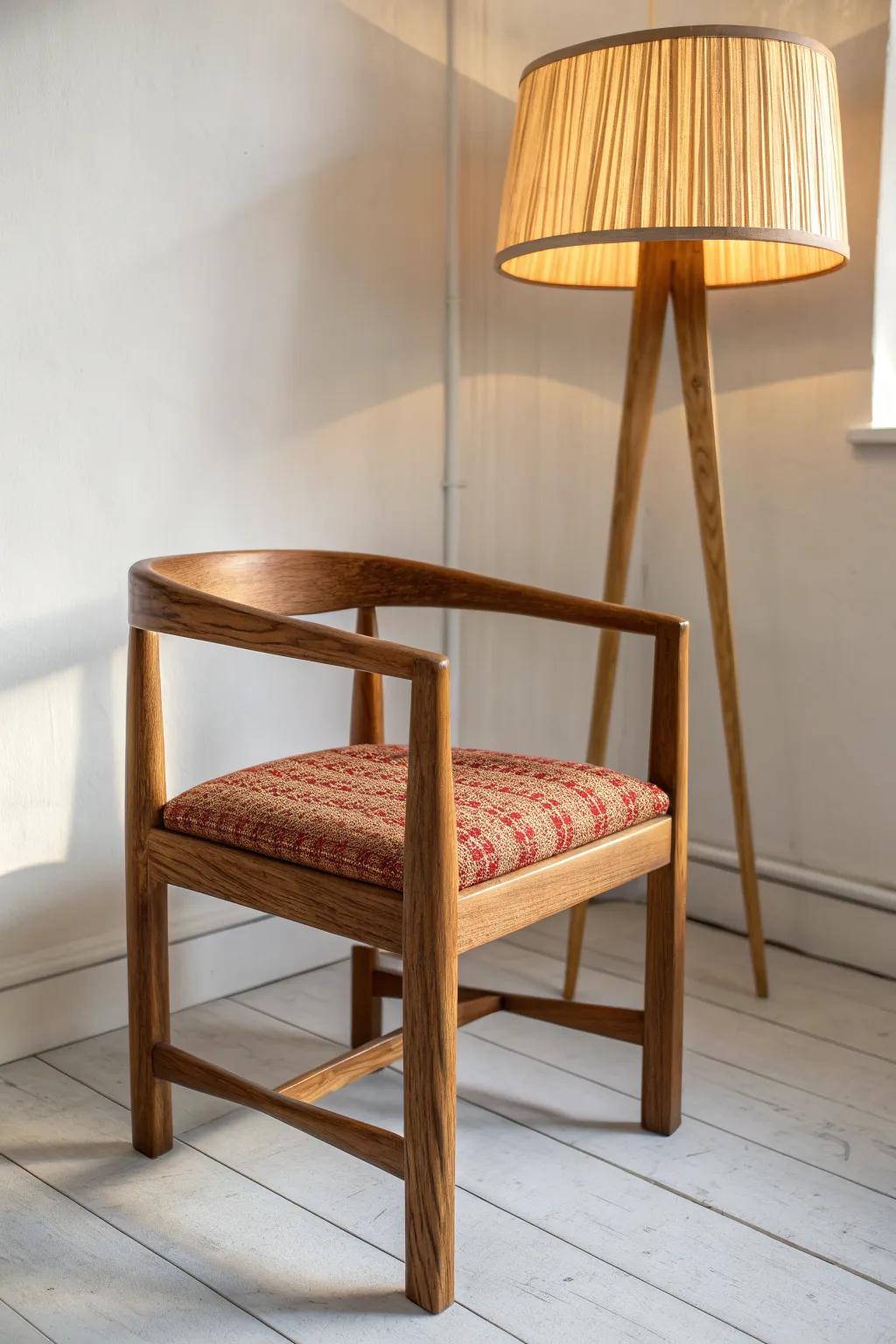 A cozy corner chair made warmer with a tall floor lamp—simple, bold, and beautifully crafted.