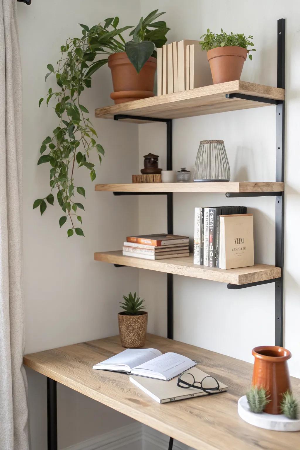 Wraparound corner shelves hug both walls—ideal above a desk for books, plants, and jars.