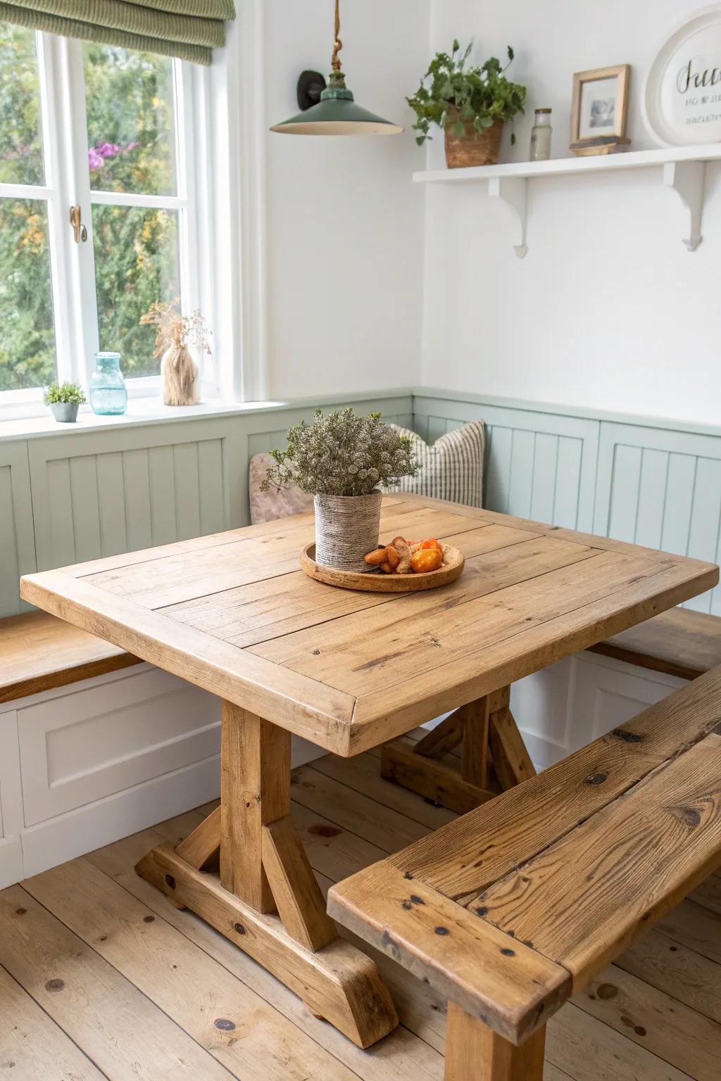 Chunky reclaimed plank-top warmth—perfect for a cozy corner dining nook with farmhouse charm.