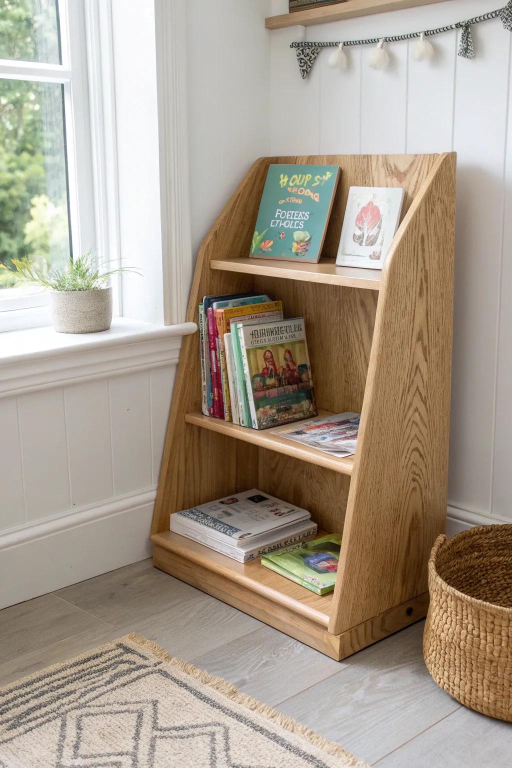 Low corner book ledges let kids spot covers fast—simple oak craftsmanship with bold, cozy contrast.