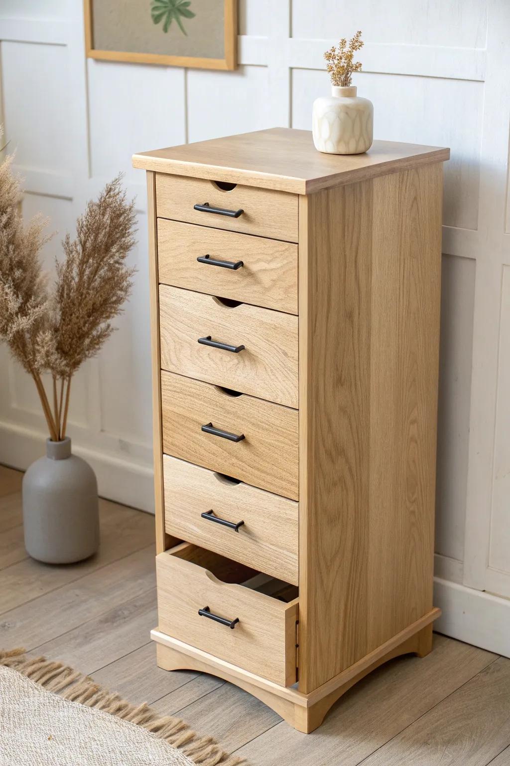 Slim side drawer tower for a corner vanity—shallow top, deep bottoms, warm Scandinavian wood.