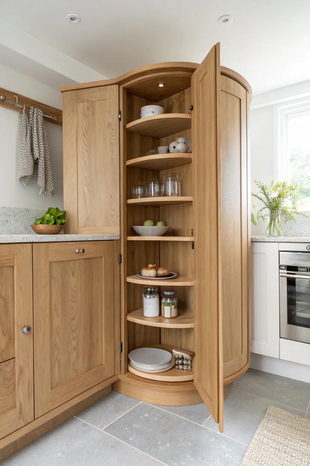 Light oak swing-out pantry shelves—corner storage that glides out beautifully in tight spaces.