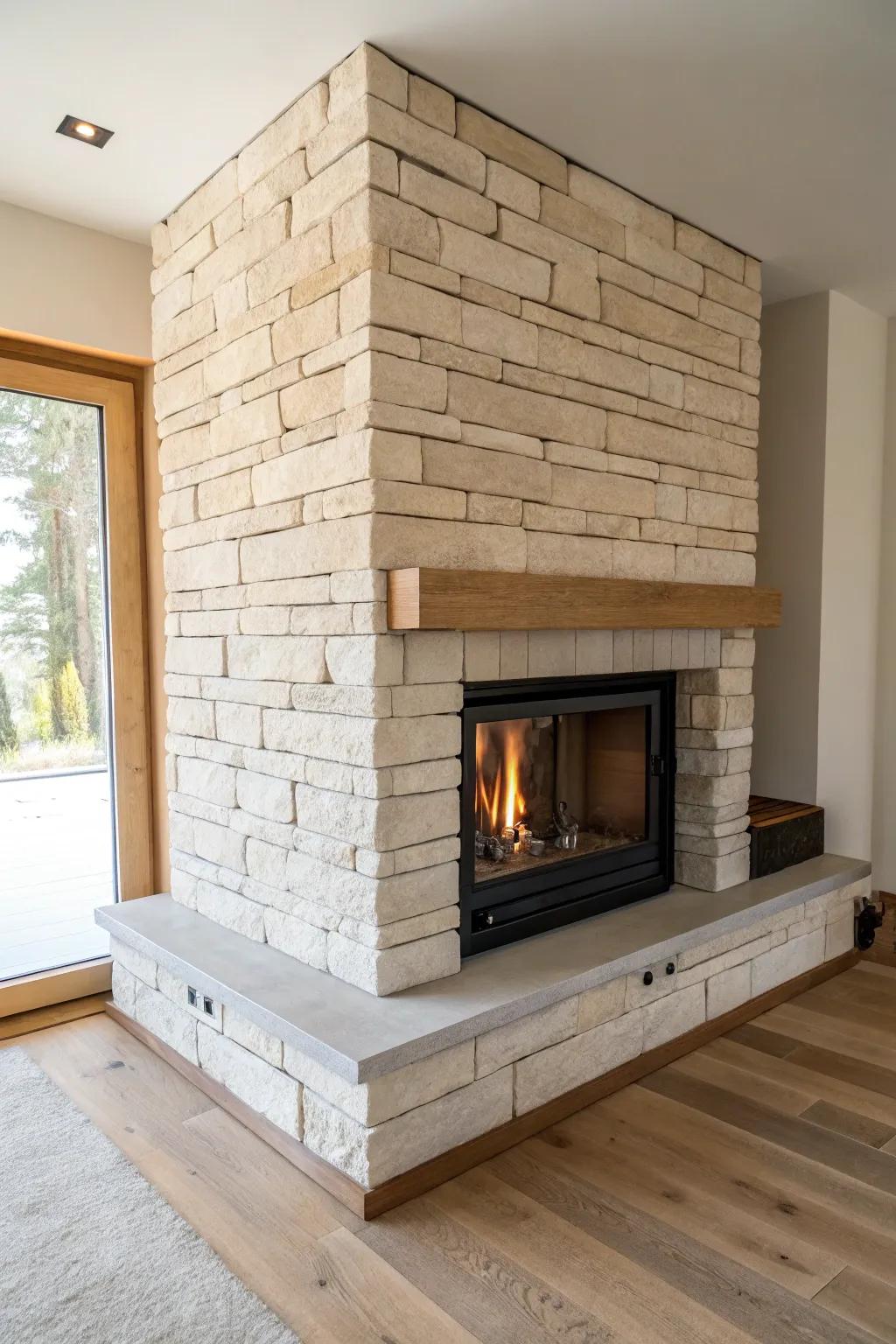 Slim corner stone fireplace with a flush hearth—space-saving warmth with clean Scandinavian lines.