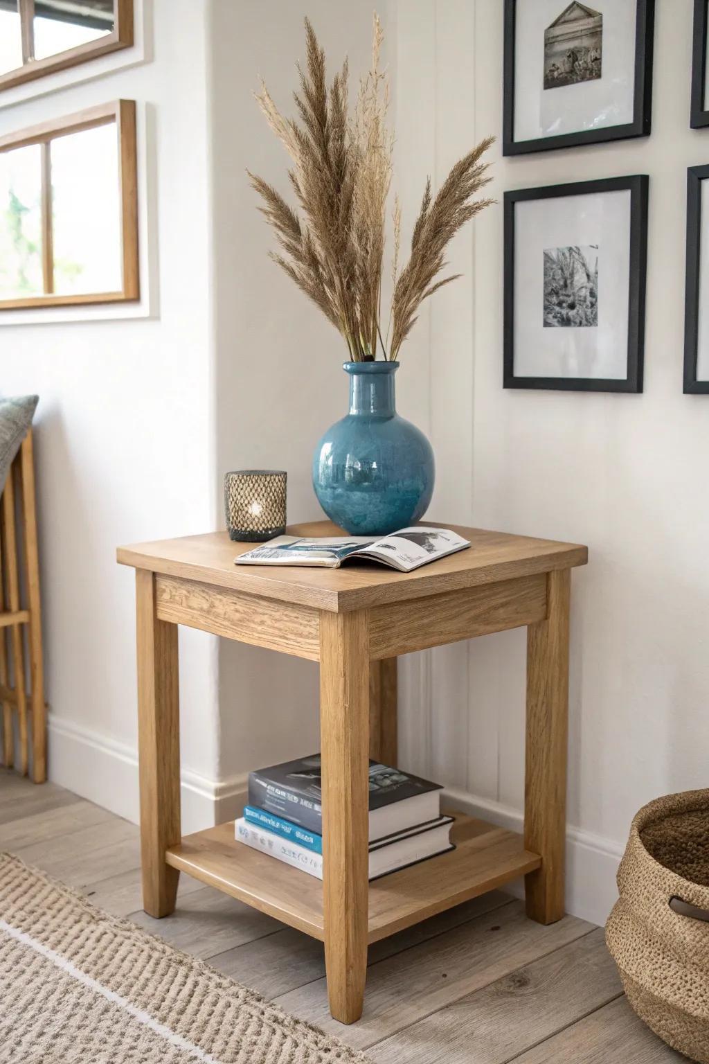 A tight mini gallery wall turns a simple corner table into a finished, destination-worthy nook.