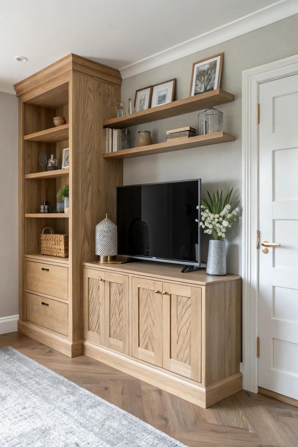 Built-in corner TV shelving with custom-sized cubbies—light oak craftsmanship + bold charcoal contrast.