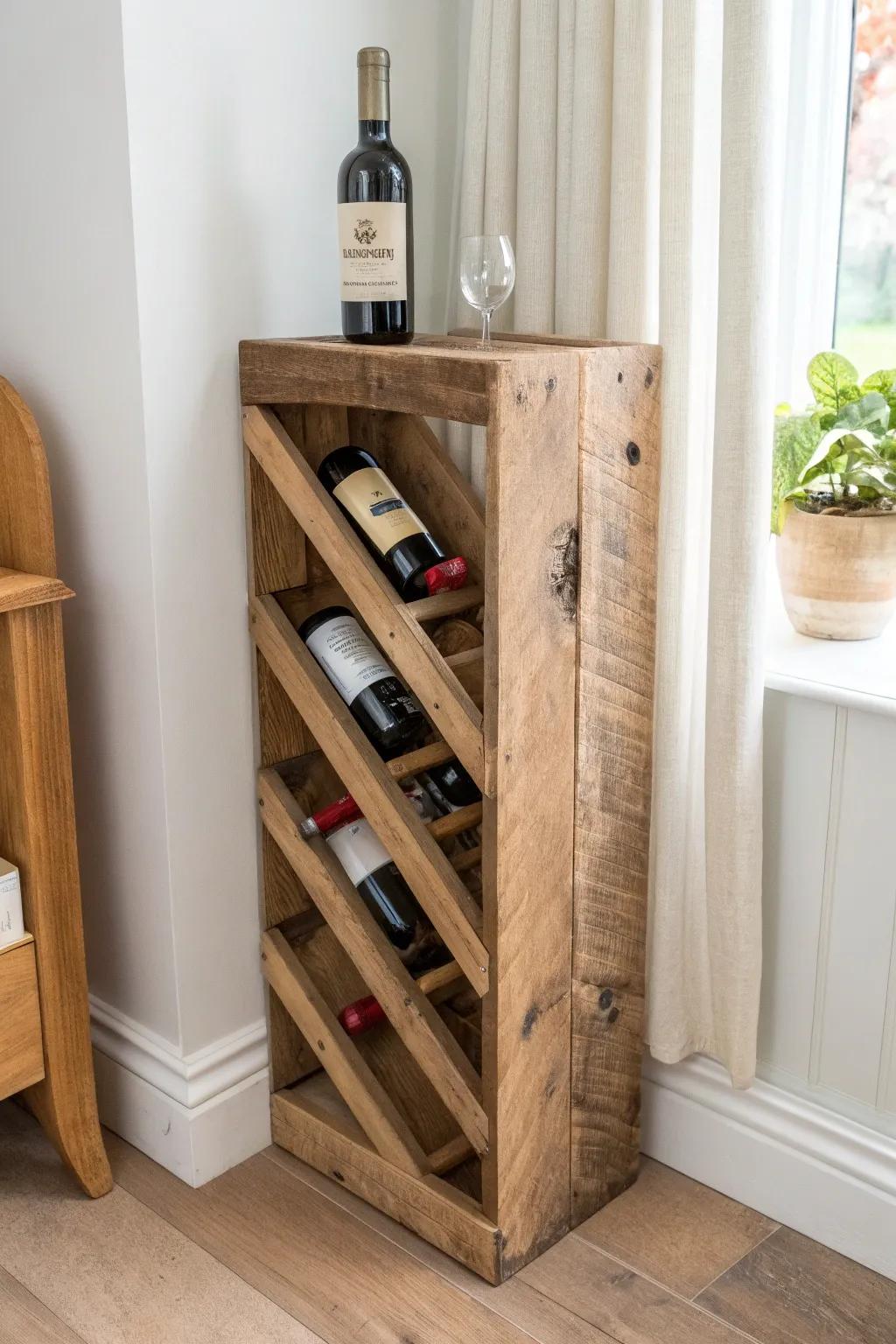 Rustic reclaimed wood corner rack—knots, saw marks, and nail holes for farmhouse warmth.