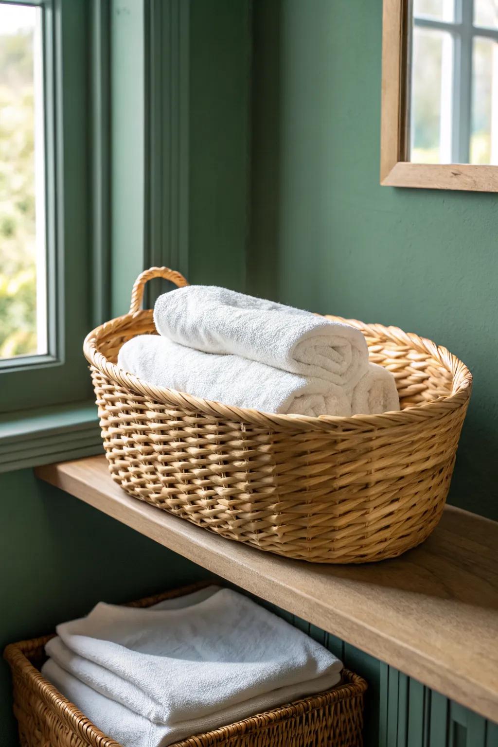 Wicker baskets on wood shelves keep bathroom storage soft, airy, and cottage-core charming.