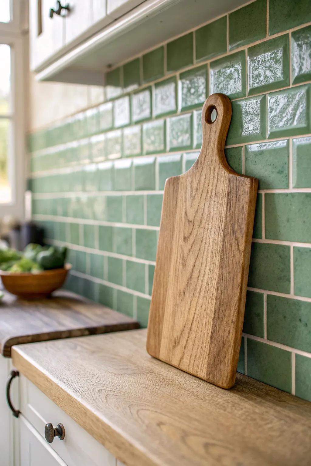 Soft sage tile + warm wood grain: a calm cottage backsplash idea with striking contrast.