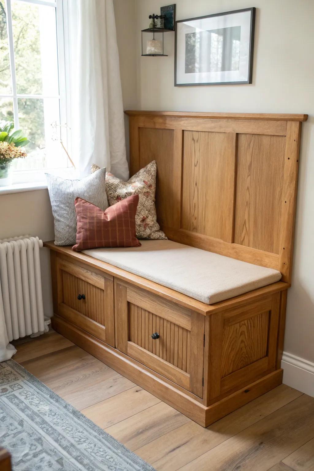 A cottage-chic built-in bench nook with hidden storage—warm wood, linen, and cozy charm.
