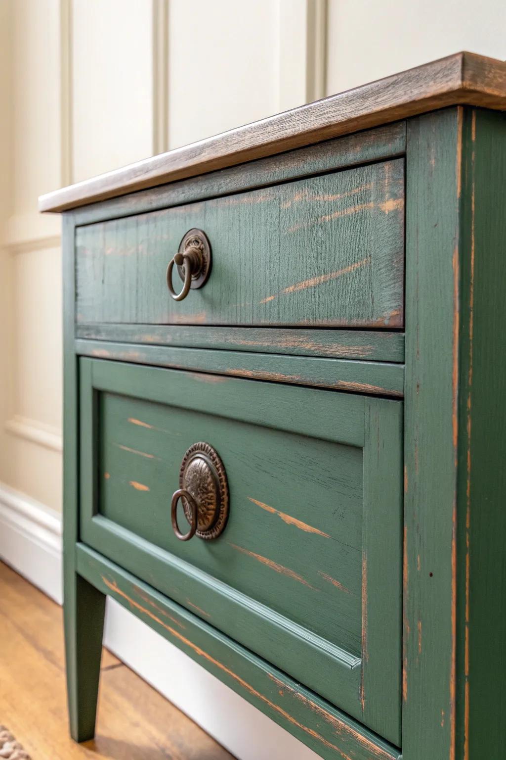 A simple vintage brass pull turns a plain wooden drawer into instant country cottage charm.
