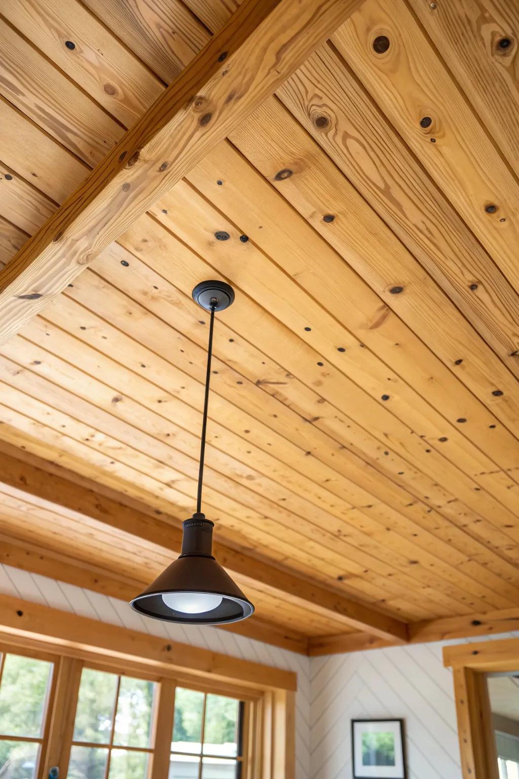 Warm knotty pine tongue-and-groove ceiling—cabin cozy with a modern matte-black pendant.