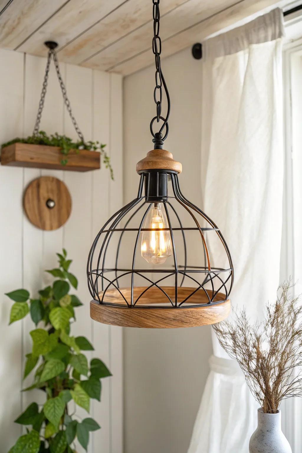 Vintage wrought-iron pendant paired with warm oak—simple country charm, elevated.