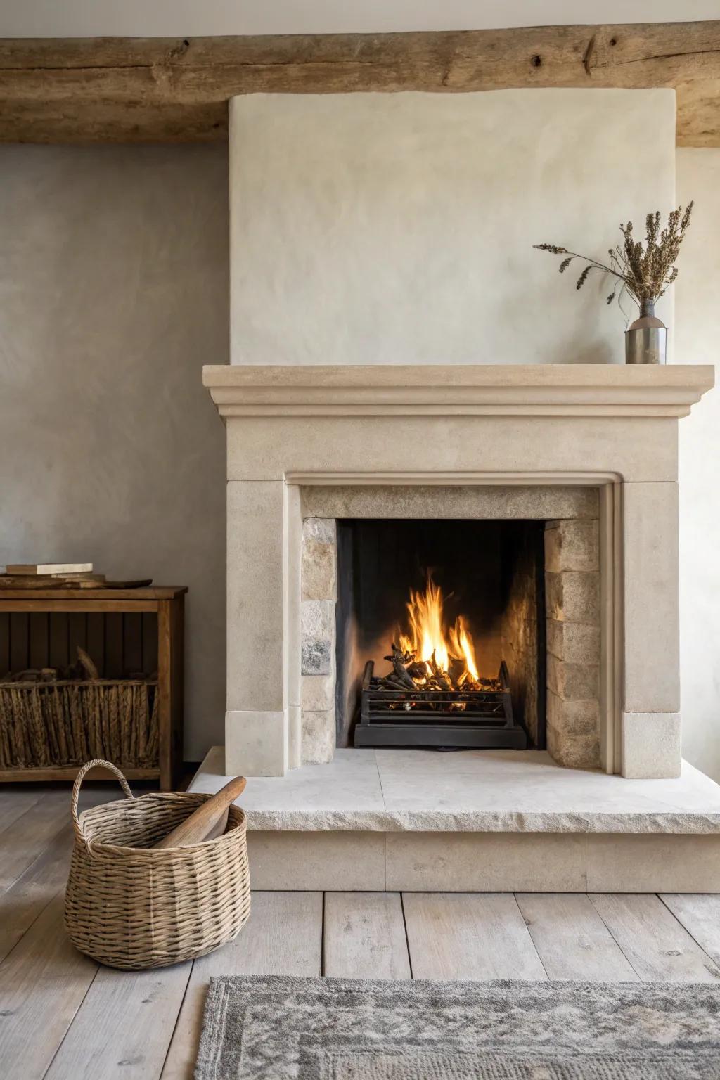Limewashed stone keeps the rustic texture—while brightening the room with a cozy glow.