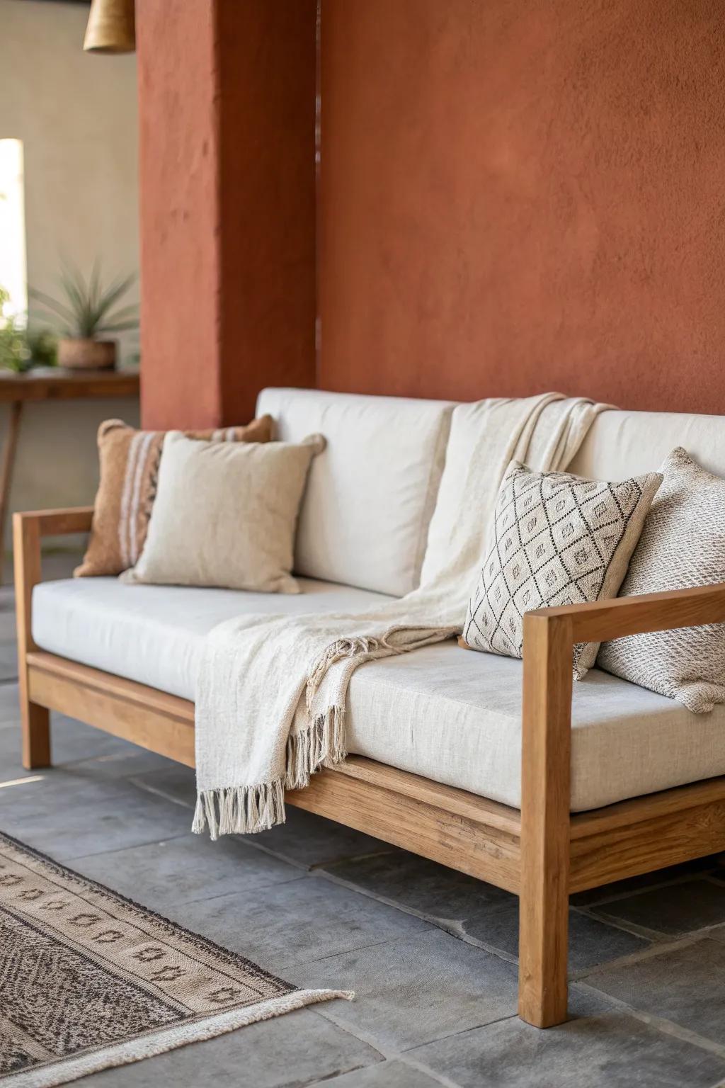 Two pillows + one neutral throw: cozy, minimalist layers that let your wood sofa shine.