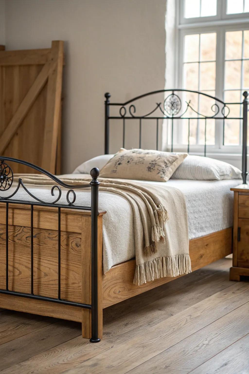 Rustic charm, modern contrast: a wrought-iron bed warmed up with beautiful solid wood.