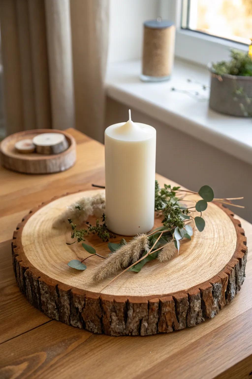 A bark-edged wood slice turns one candle into a simple, store-worthy centerpiece.
