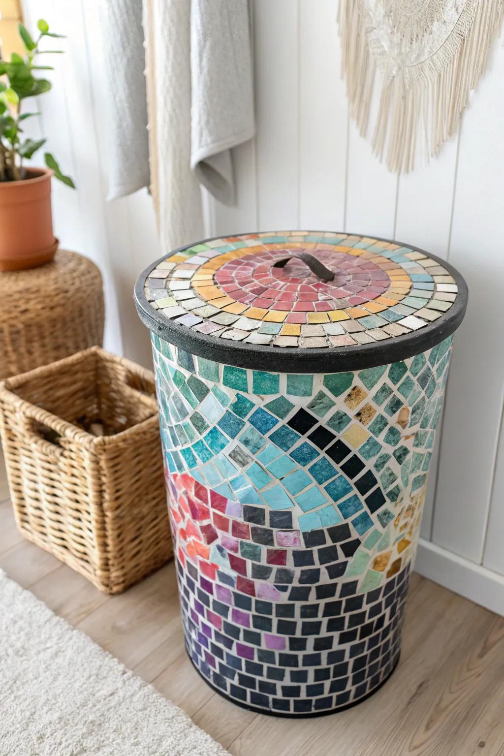 Transform your trash can lid into a work of art with a vibrant mosaic design that catches the light and elevates your space.