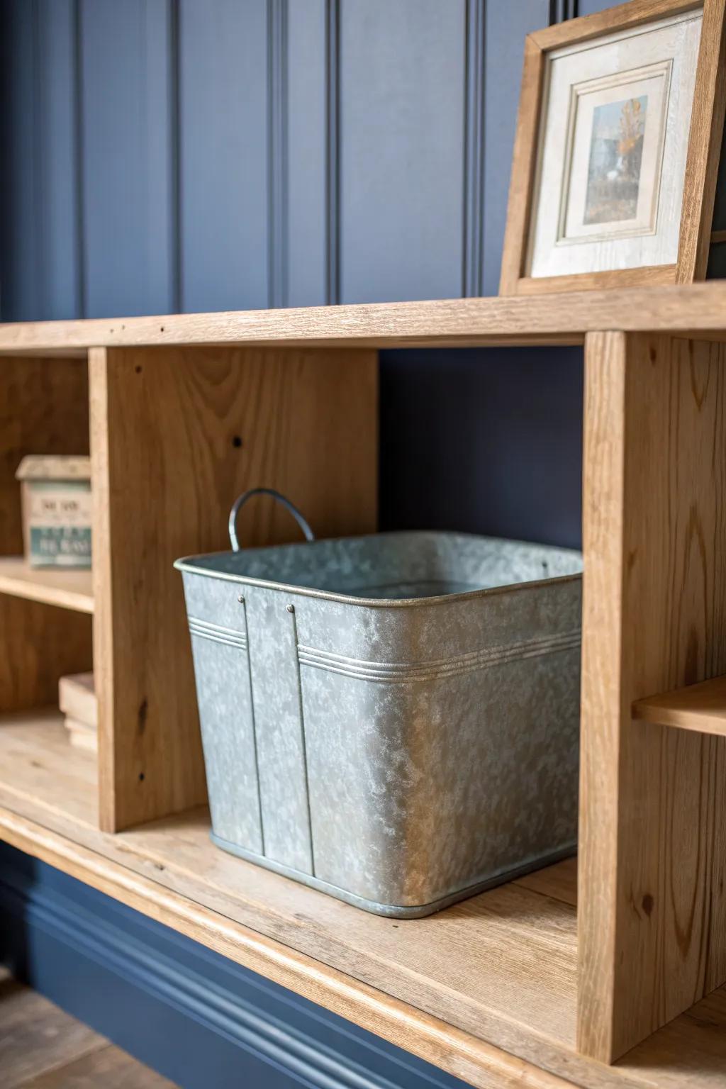 Galvanized bin + warm oak cubby = instant farmhouse texture with clean Scandinavian calm.