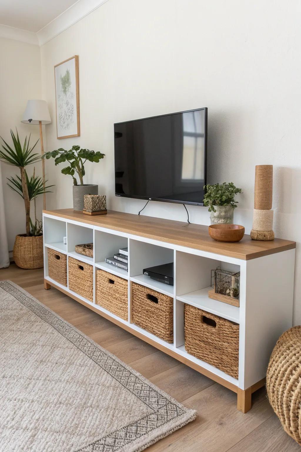 Low cube shelf TV console with warm wood top and hidden cords—minimal, boho, and custom.