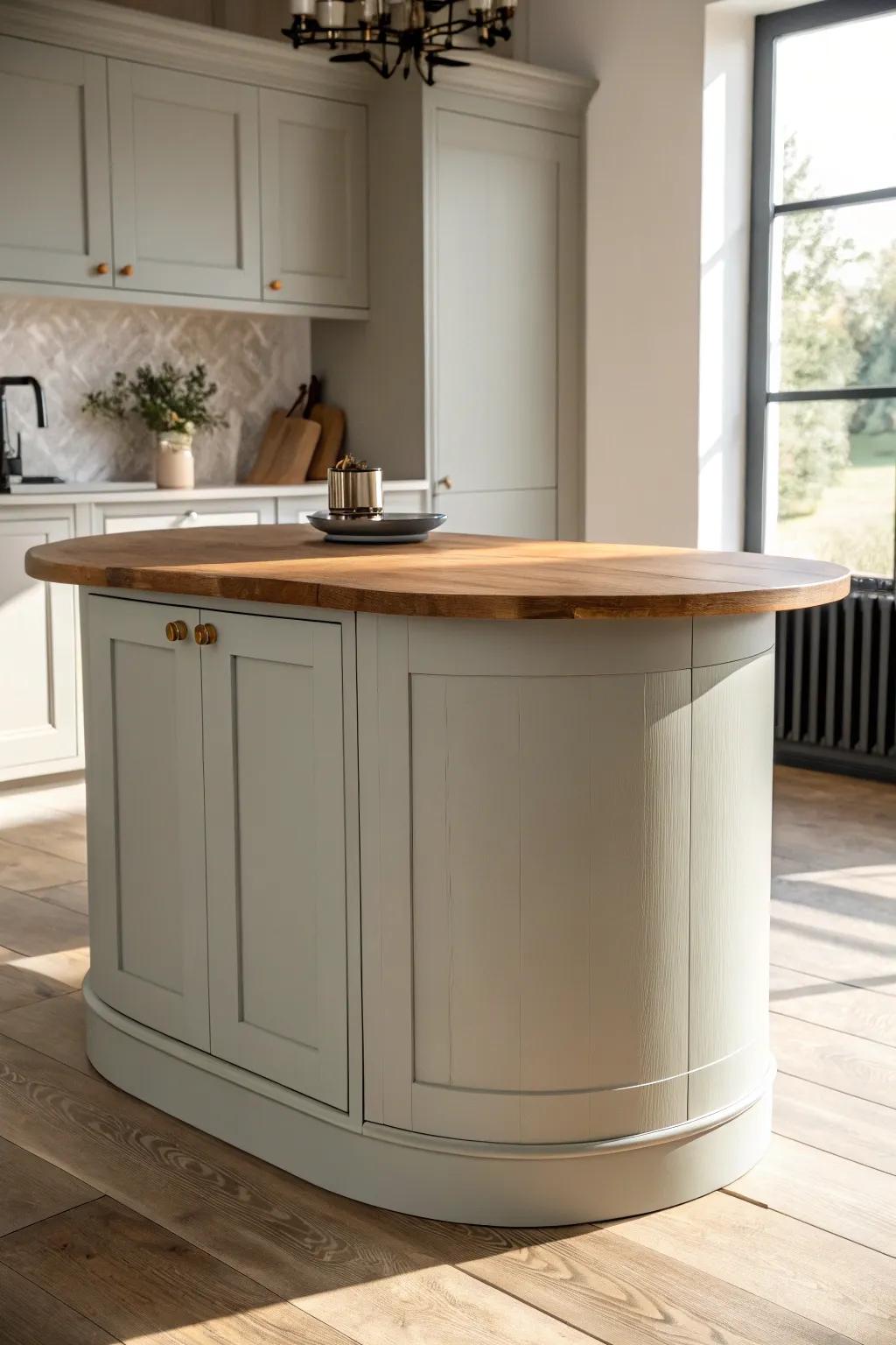 A bold two-tone curved island—terracotta base and light oak top—to make the shape shine.