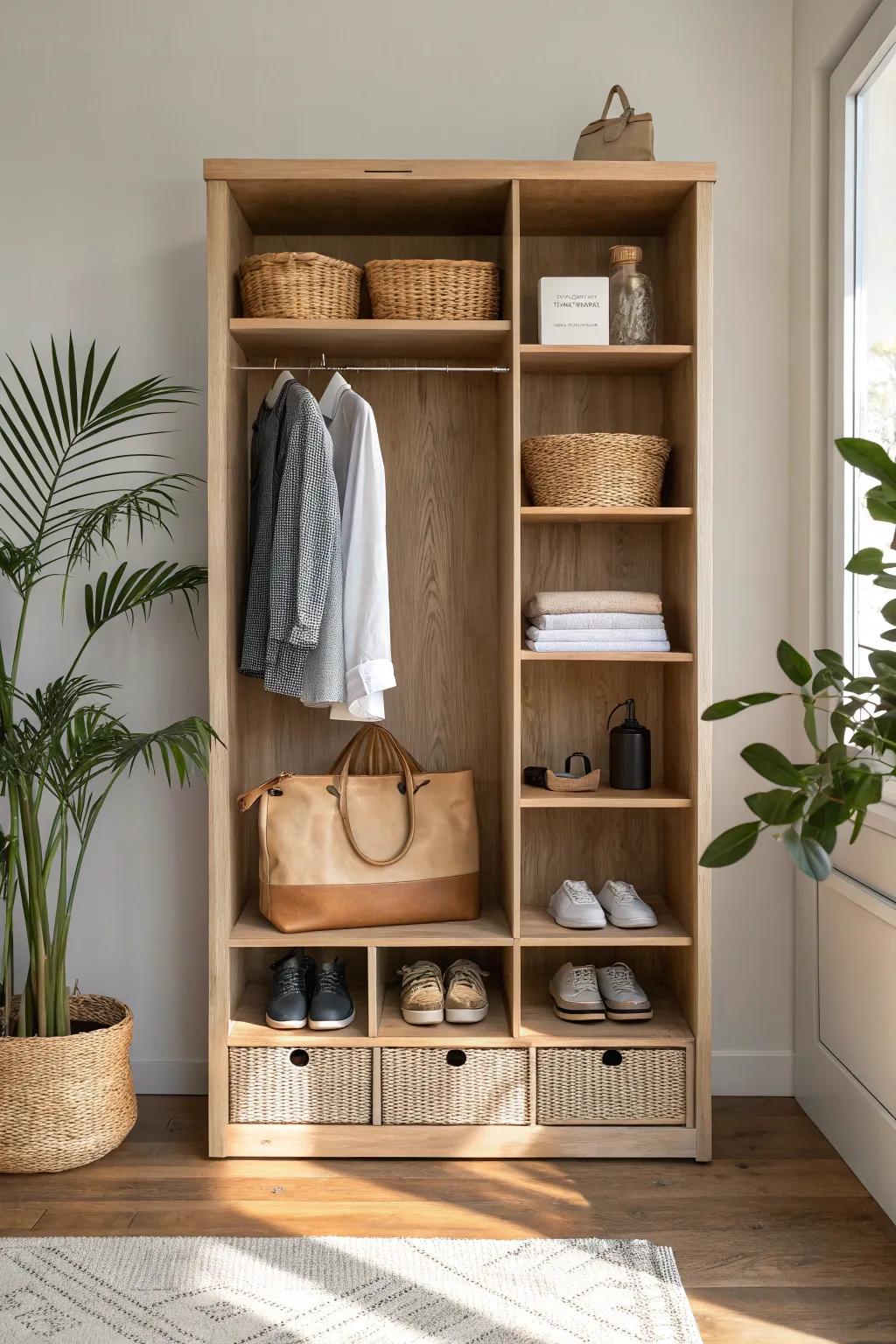 Closet shelving with zones: shoes, stacks, bags, and a tall spot for awkward essentials.