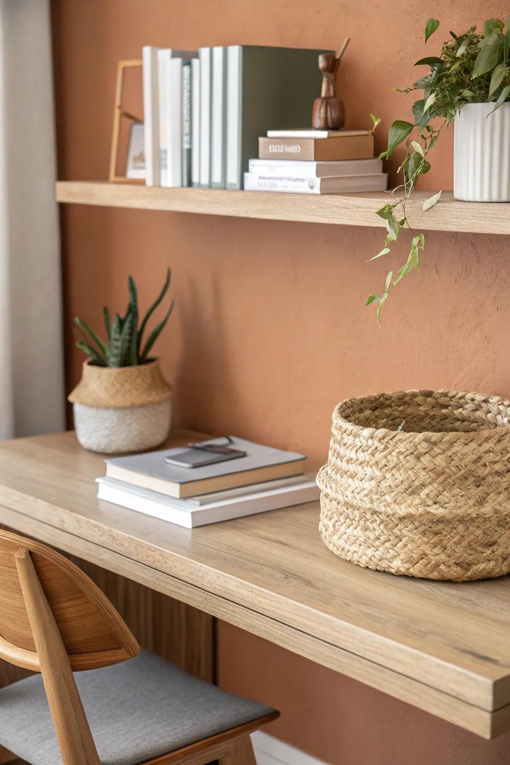 A slim floating shelf + one basket keeps books tidy and your desk feeling light and calm.