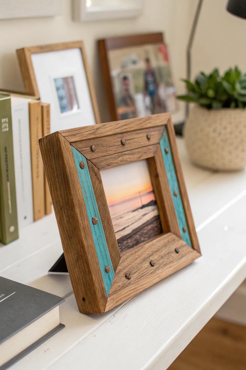 Reclaimed-wood frame with a favorite snapshot—simple, cozy teacher desk decor with rustic character.