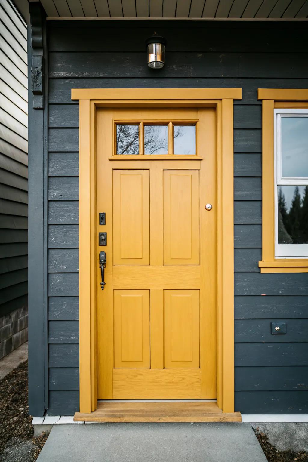 Mustard yellow wood door on dark gray facade—minimal, bold, and instantly welcoming.