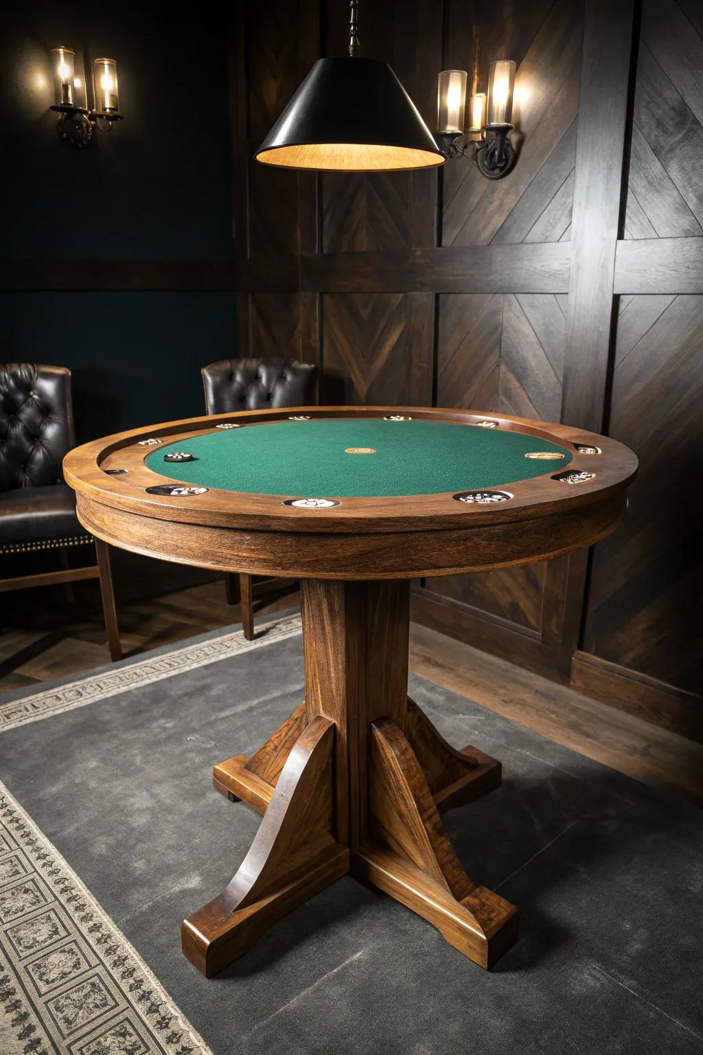 Spotlit reclaimed-wood poker table—dark walls turn the craftsmanship into the star.