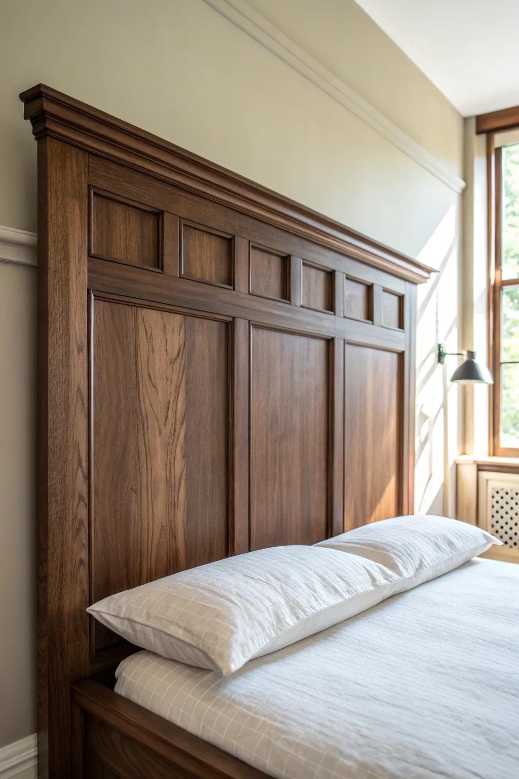 Timeless dark wood panel headboard with crisp trim—minimal, bold, and beautifully crafted.