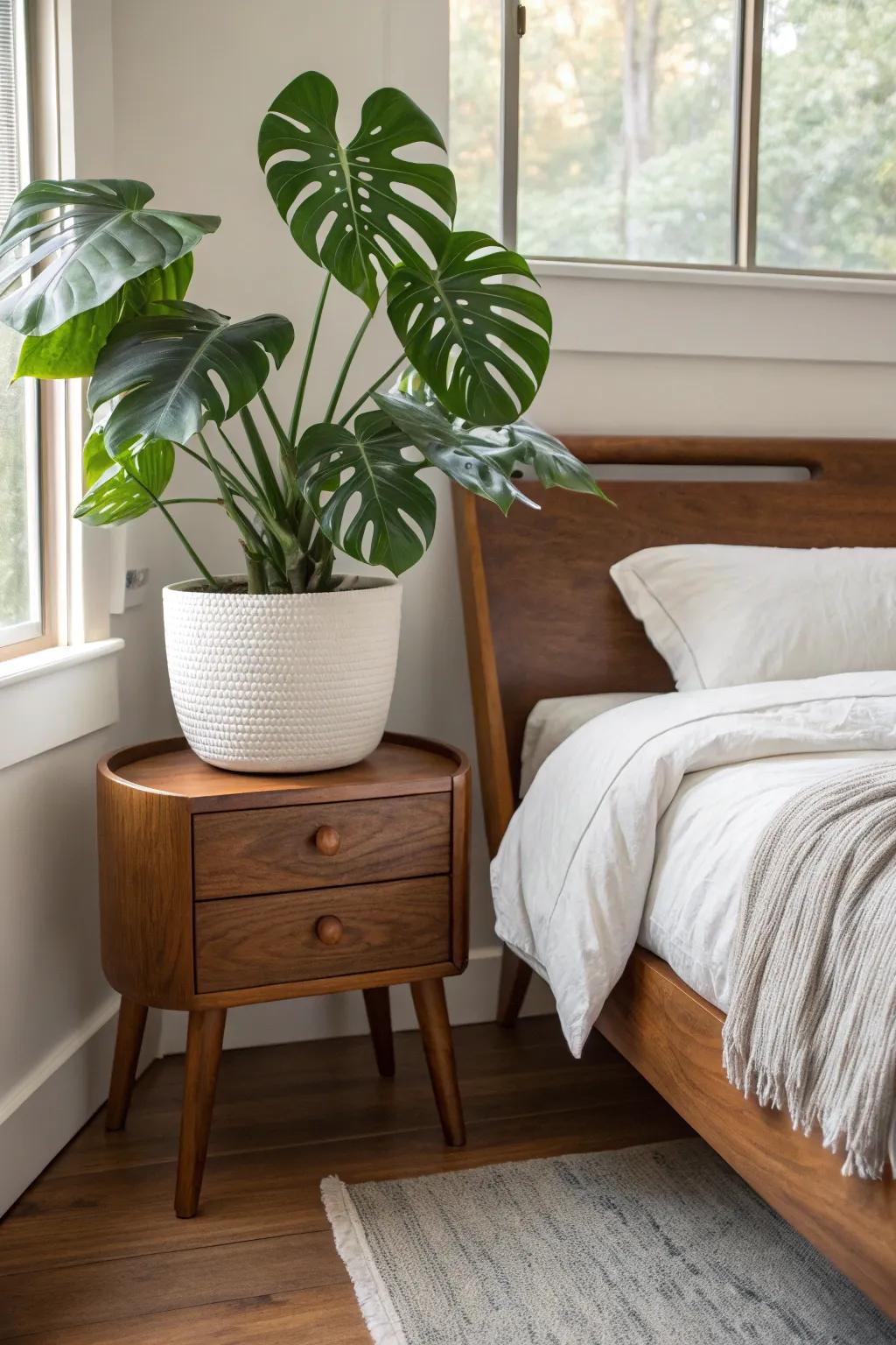 A leafy green beside a dark wood sleigh bed adds fresh contrast and softens the room.