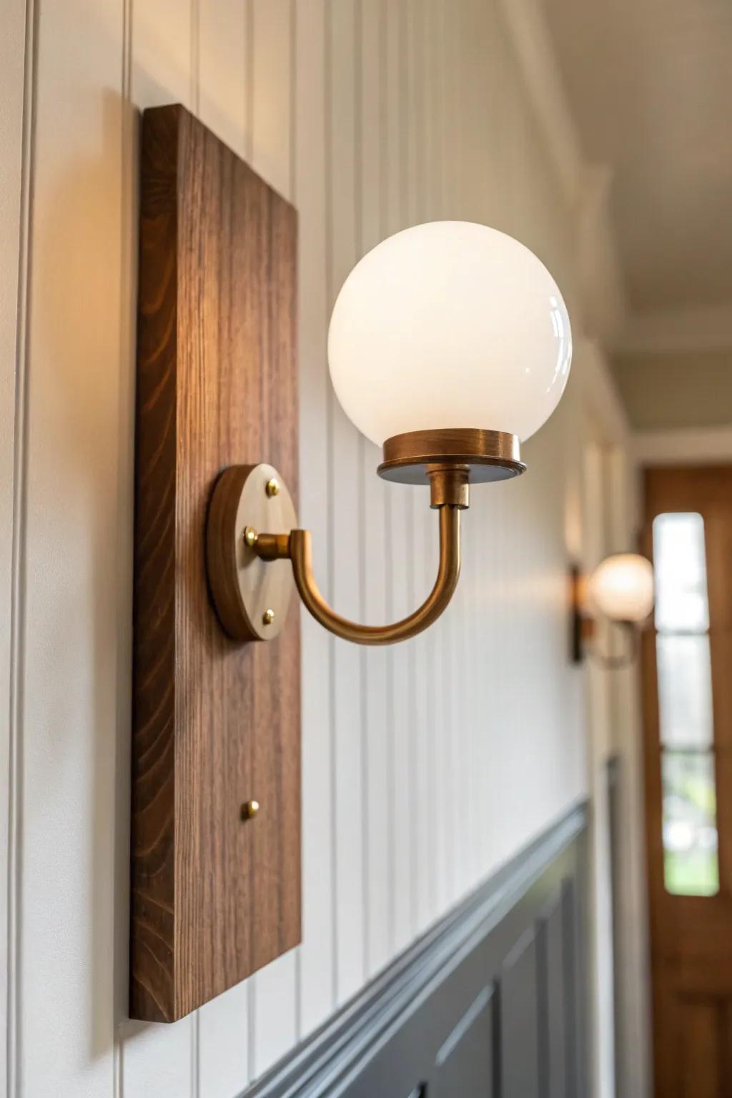 A high-mounted walnut-and-brass sconce adds glow without stealing an inch of hallway space.