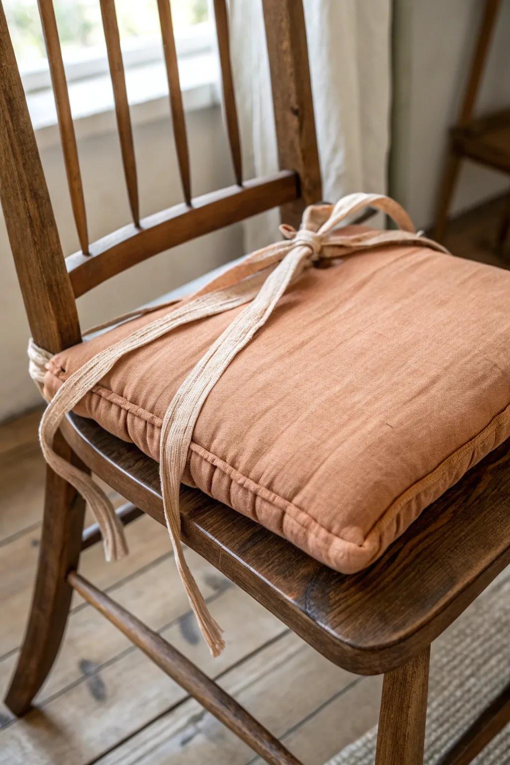 A chic tie-on cushion adds comfort and stays put—an easy upgrade for an old rocking chair.