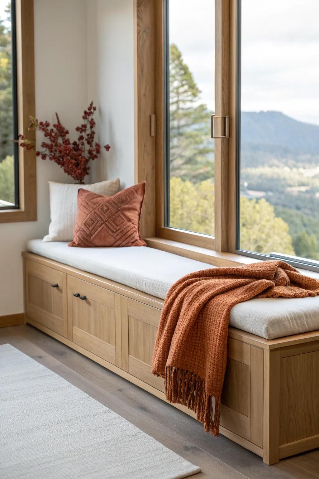 Handcrafted oak window seat with hidden storage—minimal, cozy, and perfect for mountain views.