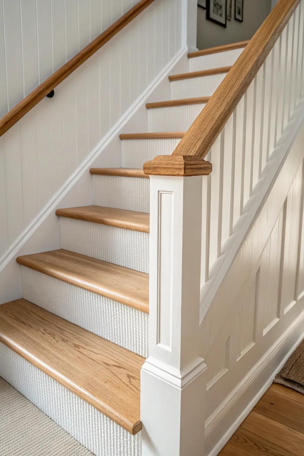 White beadboard stair stringer topped with an oak cap rail—simple, cozy, and flawless contrast.
