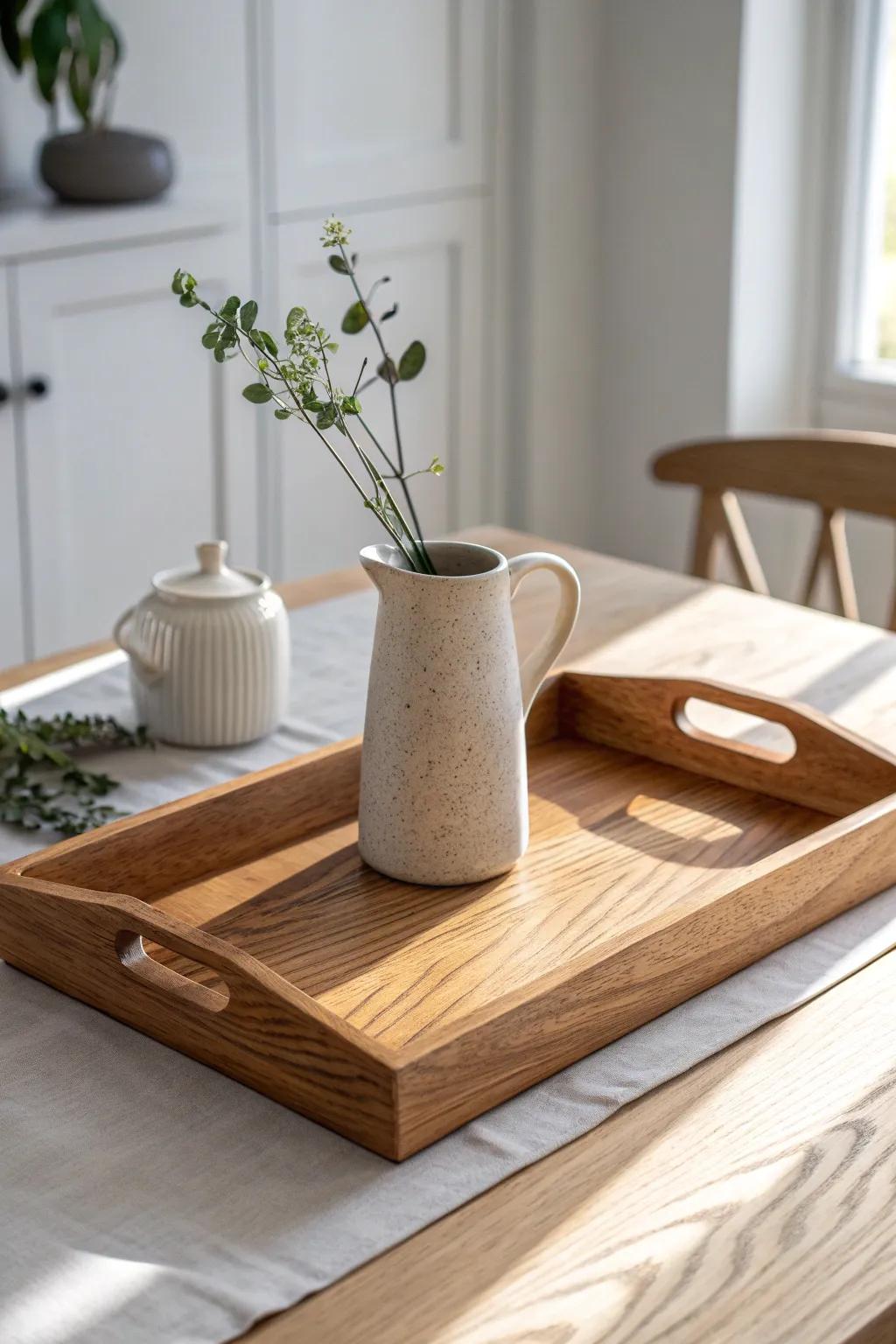 Oak tray + speckled stoneware pitcher—an unfussy centerpiece with warm, vintage charm.