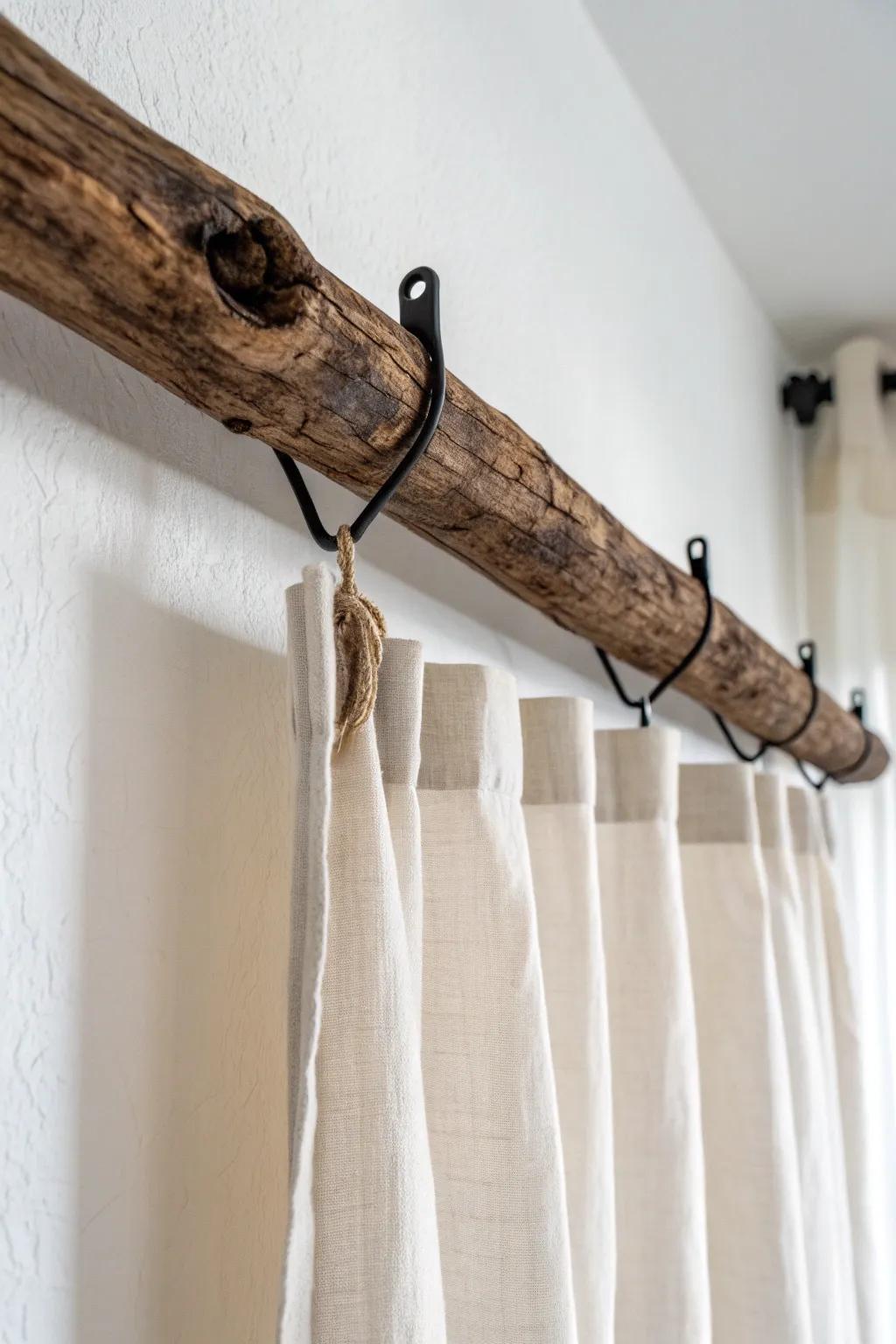 Rustic branch curtain rod: warm wood grain, simple brackets, and airy linen for cozy minimalism.