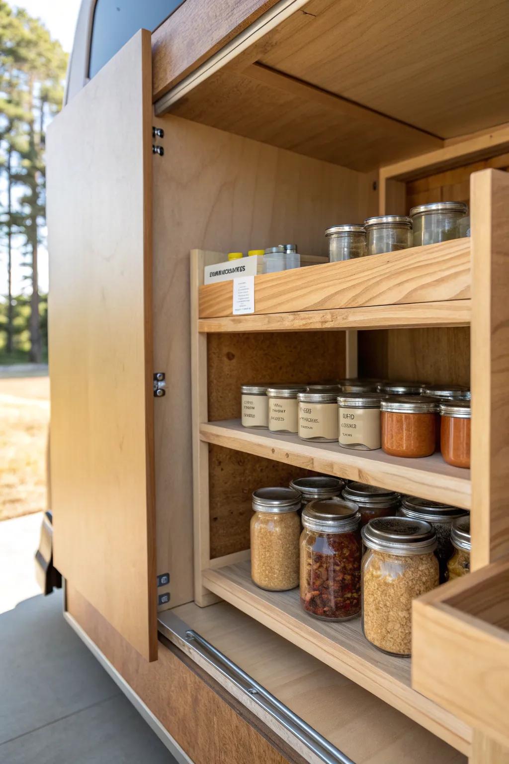 Half-shelf riser for deep RV pantries—double levels so every can stays visible and reachable.