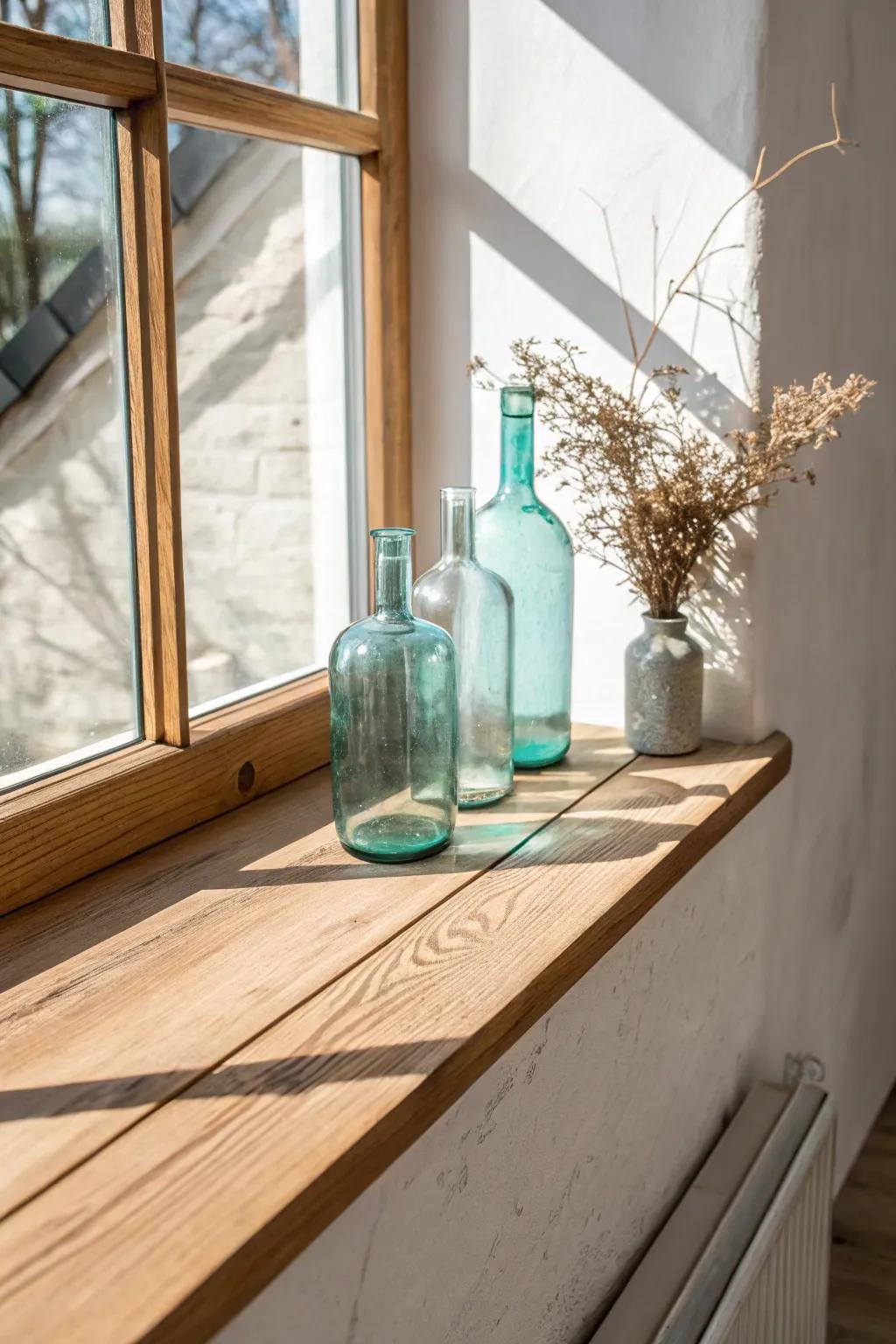 Tinted glass bottles on a deep oak sill, casting dreamy color light across the wall.